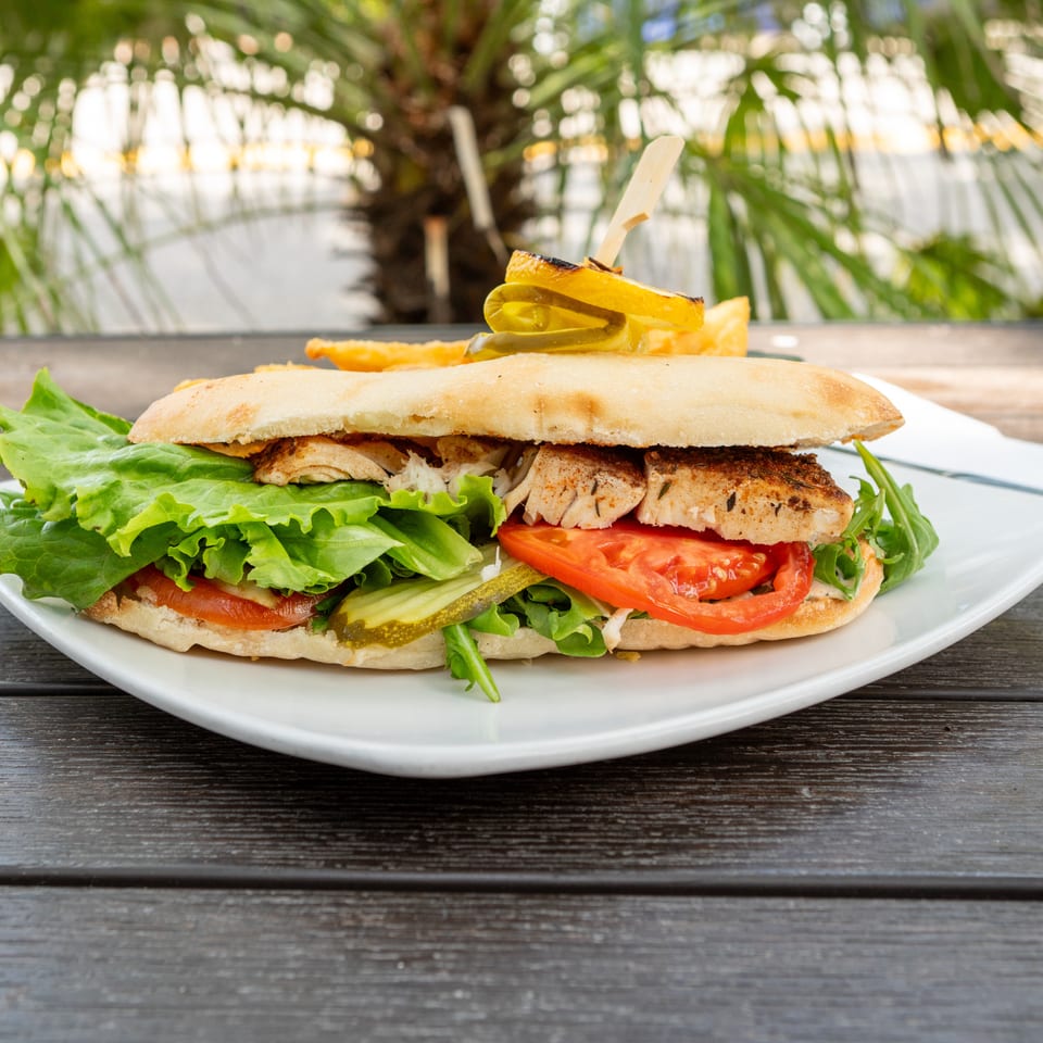 Grilled chicken sandwich with lettuce, tomato, pickles, and fries on a white plate beside tropical greenery.